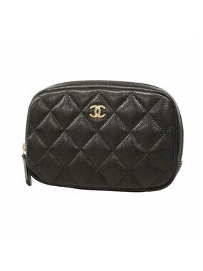 Chanel Pouch Quilted Caviar Leather Black Champagne Gold